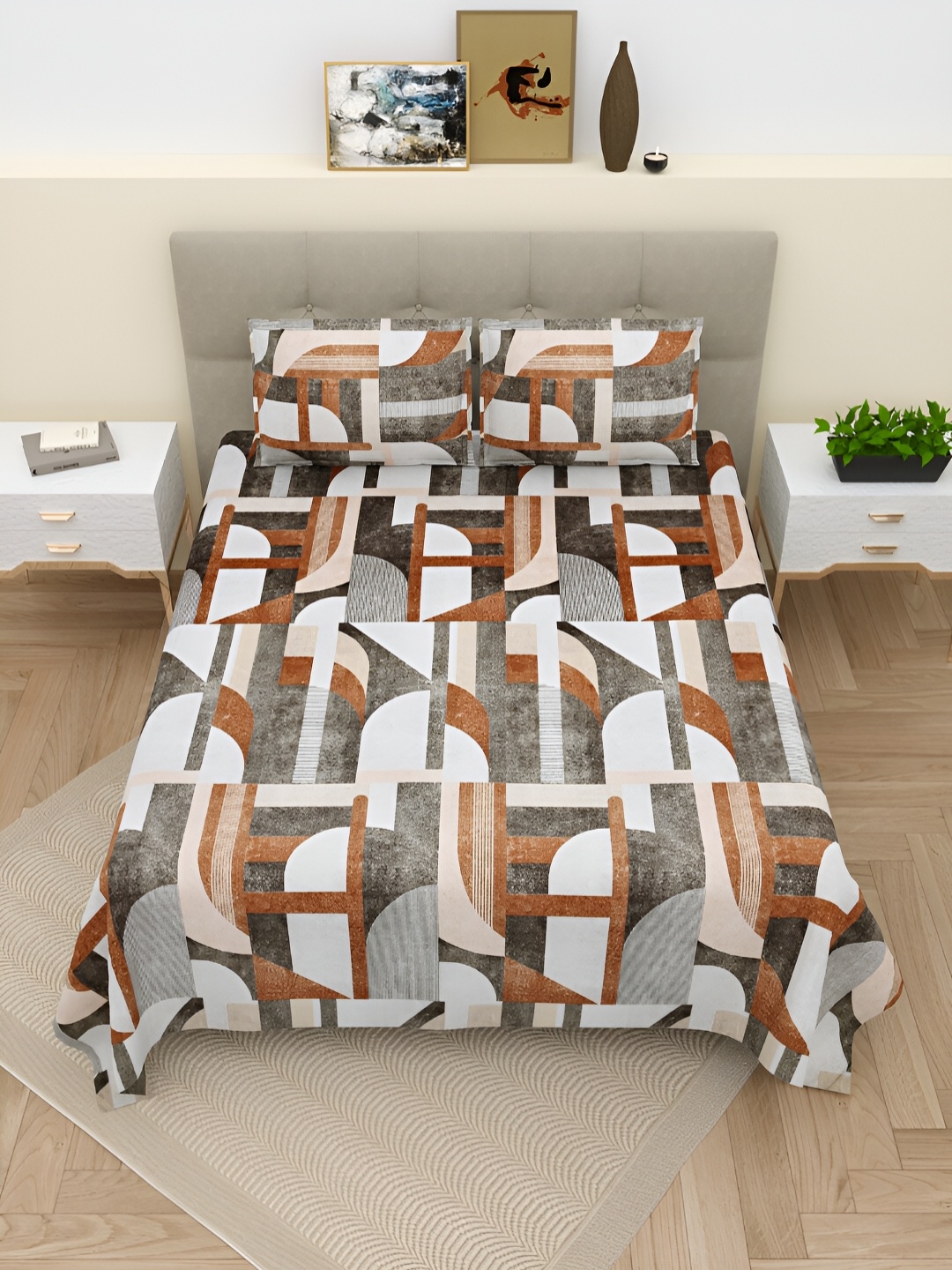 

Aura White & Grey Geometric 220 TC Cotton King Bedsheet With 2 Pillow Covers