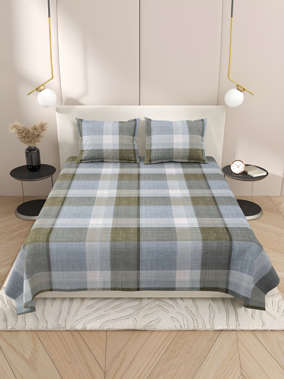

Aura Grey & Olive Green Geometric 220 TC Cotton King Bedsheet With 2 Pillow Covers