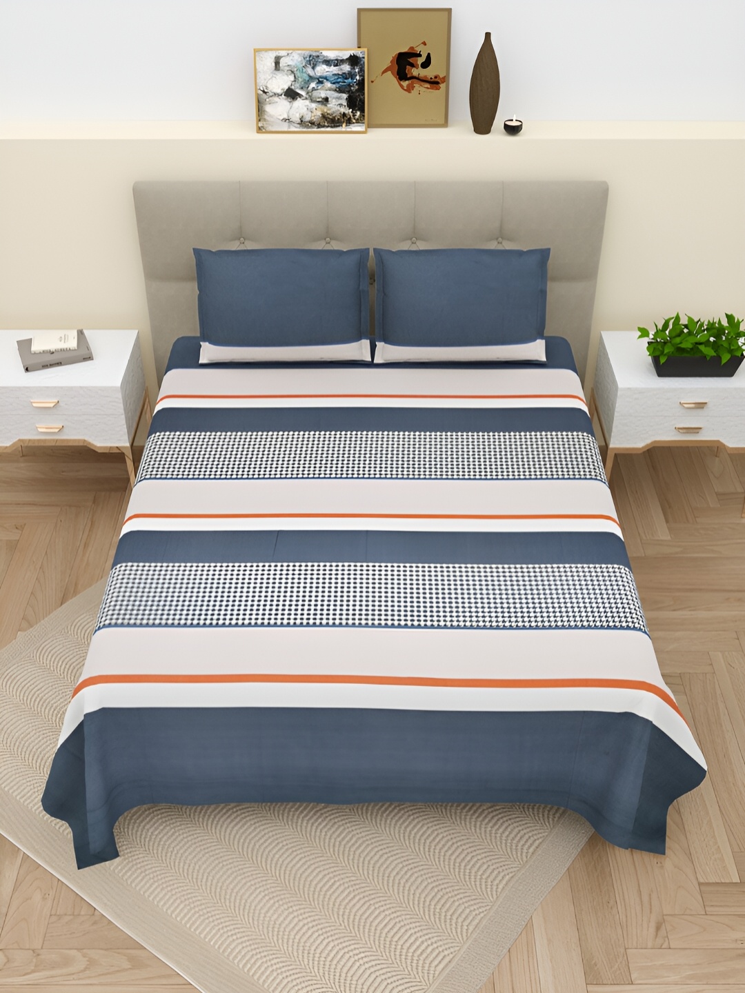 

Aura White & Grey Striped 220 TC Cotton King Bedsheet With 2 Pillow Covers