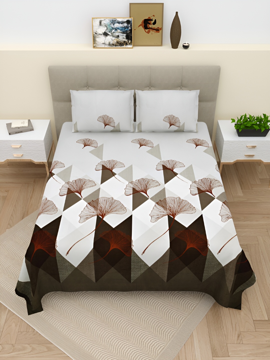 

Aura White & Brown Geometric 220 TC Cotton King Bedsheet With 2 Pillow Covers