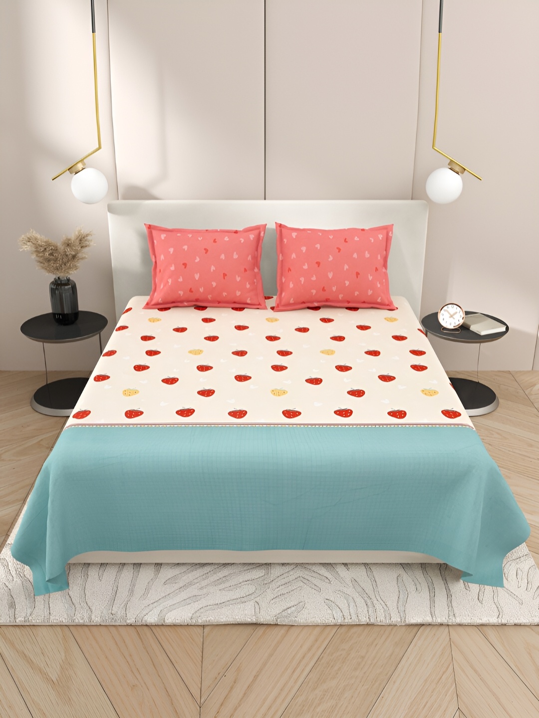 

Aura White & Blue Graphic 220 TC Cotton King Bedsheet With 2 Pillow Covers