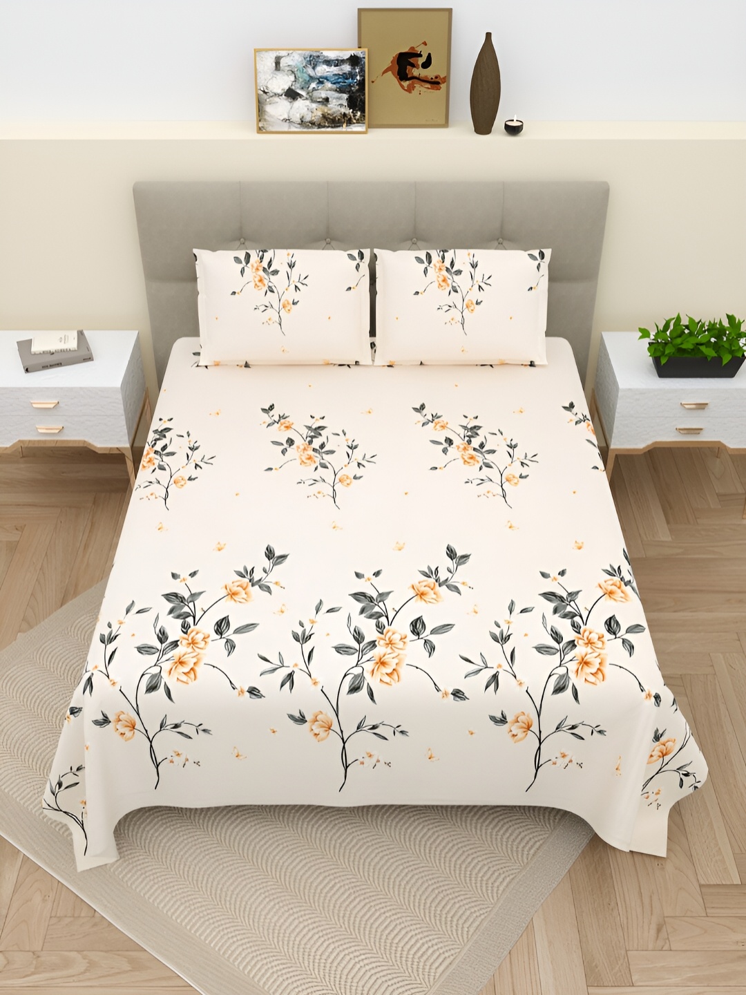 

Aura Beige & Grey Floral 220 TC Cotton King Bedsheet With 2 Pillow Covers