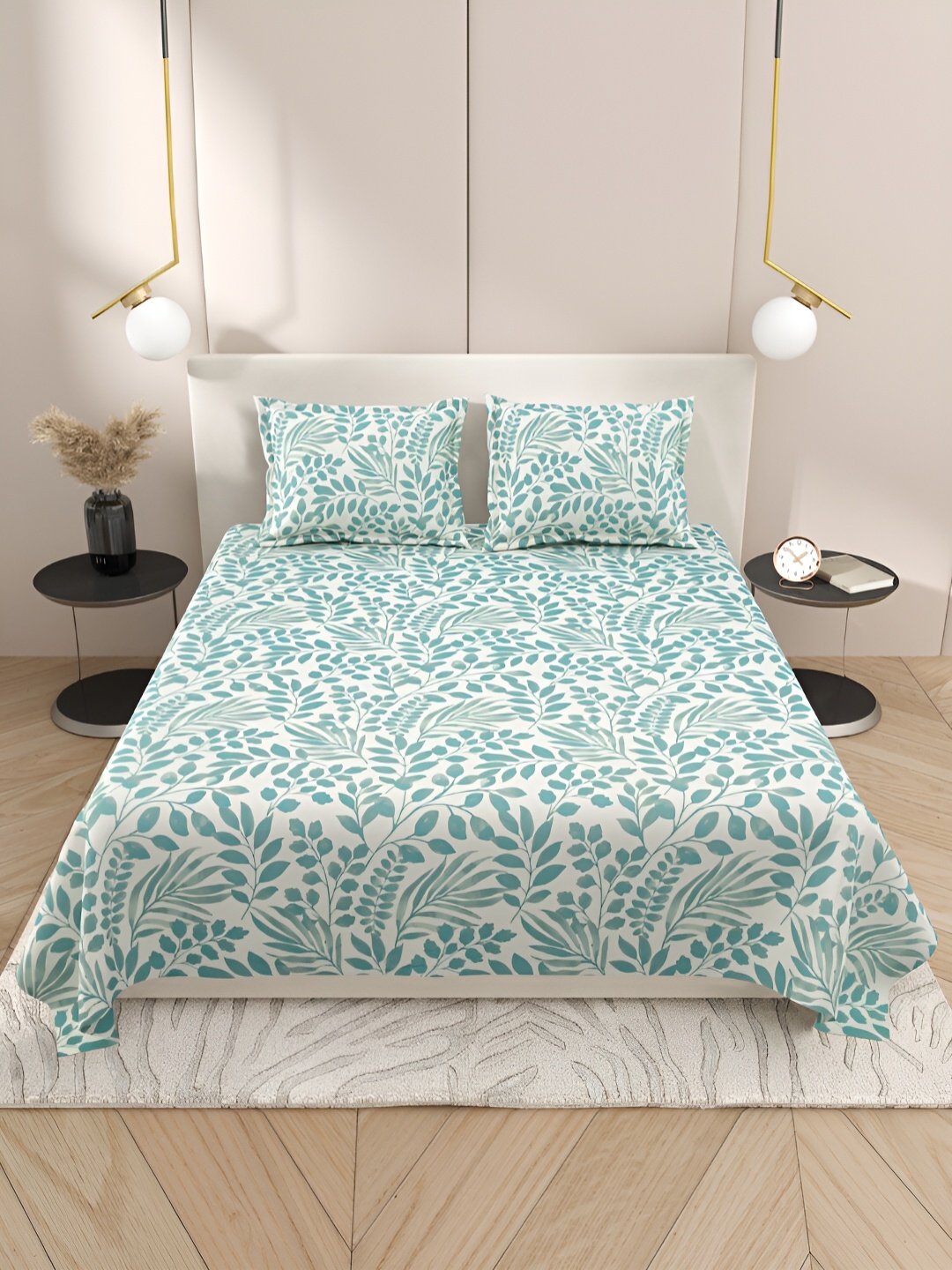 

Aura Green & White Floral 220 TC Cotton King Bedsheet With 2 Pillow Covers