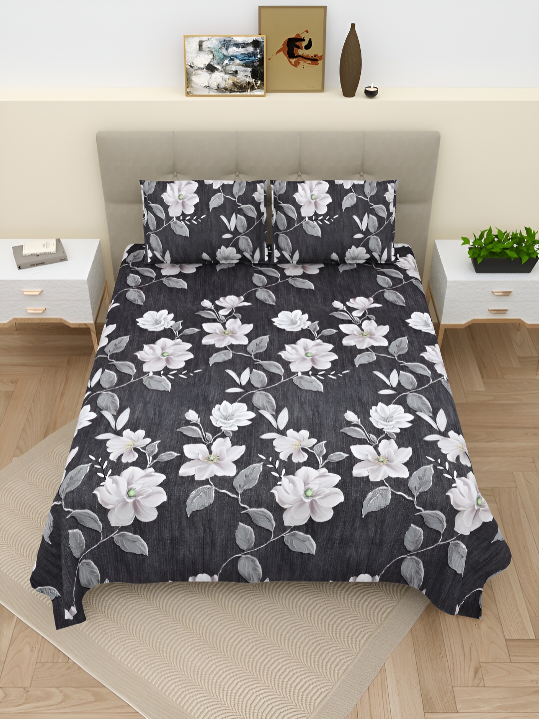 

Aura Black & White Floral 220 TC Cotton King Bedsheet With 2 Pillow Covers