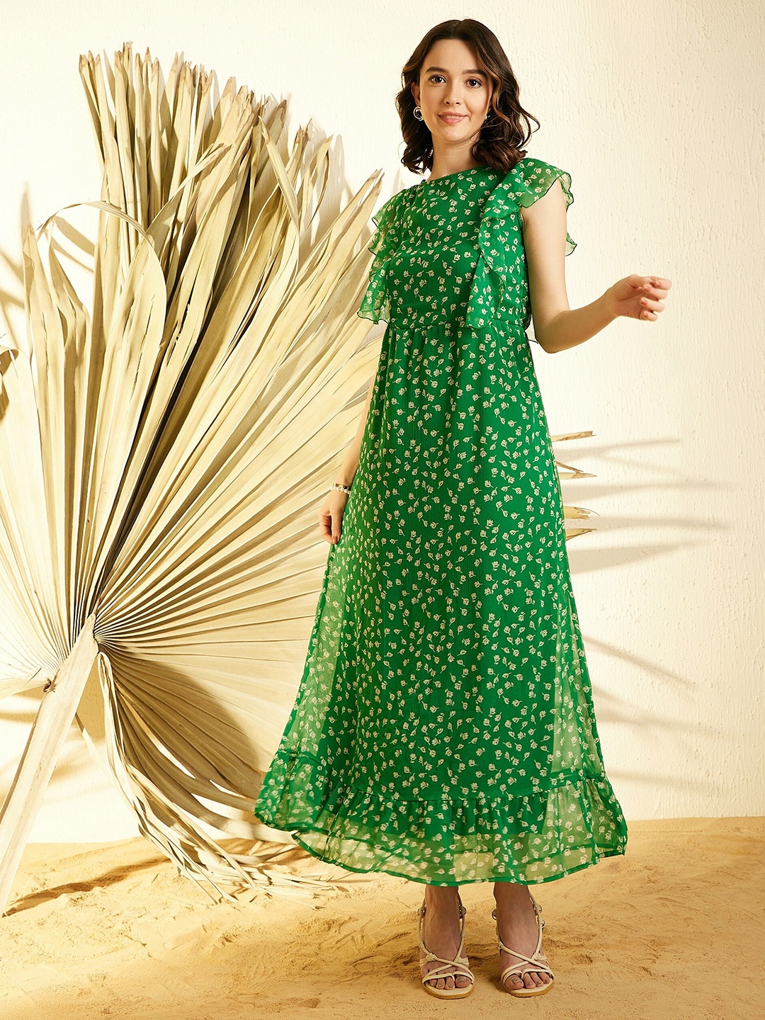 

StyleStone Green Floral Print Flared Sleeves Chiffon Maxi Dress