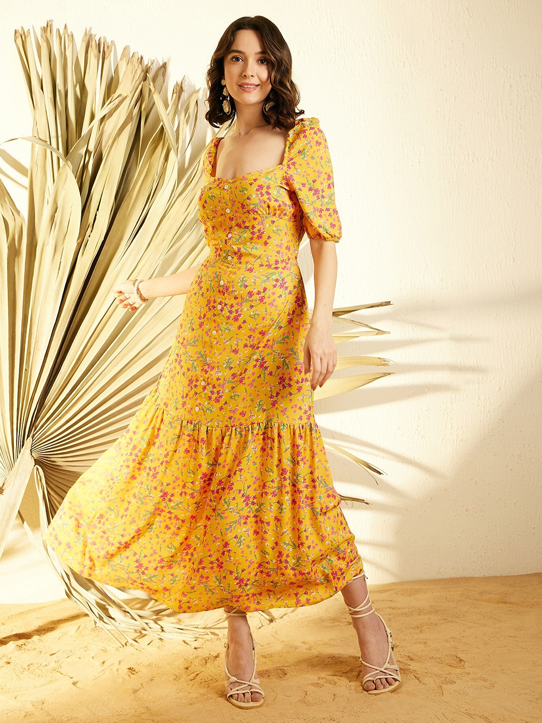 

StyleStone Yellow Floral Print Puff Sleeves Crepe Maxi Dress