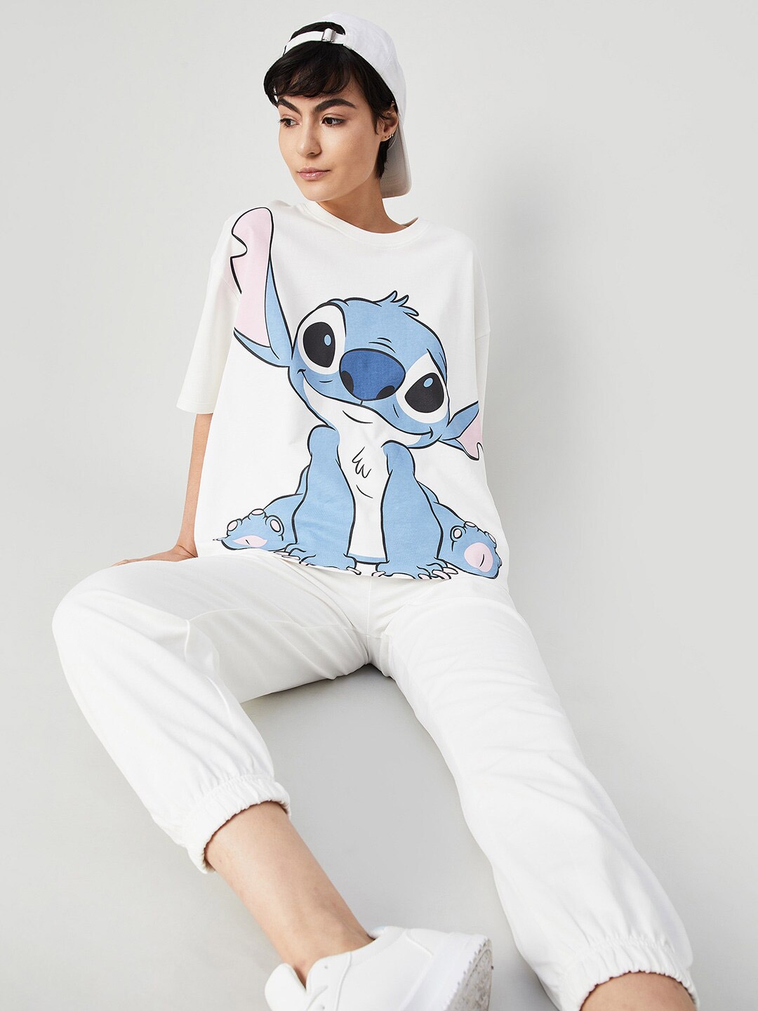 

Ginger by Lifestyle Graphic Printed Drop-Shoulder Sleeves Pure Cotton T-shirt, White