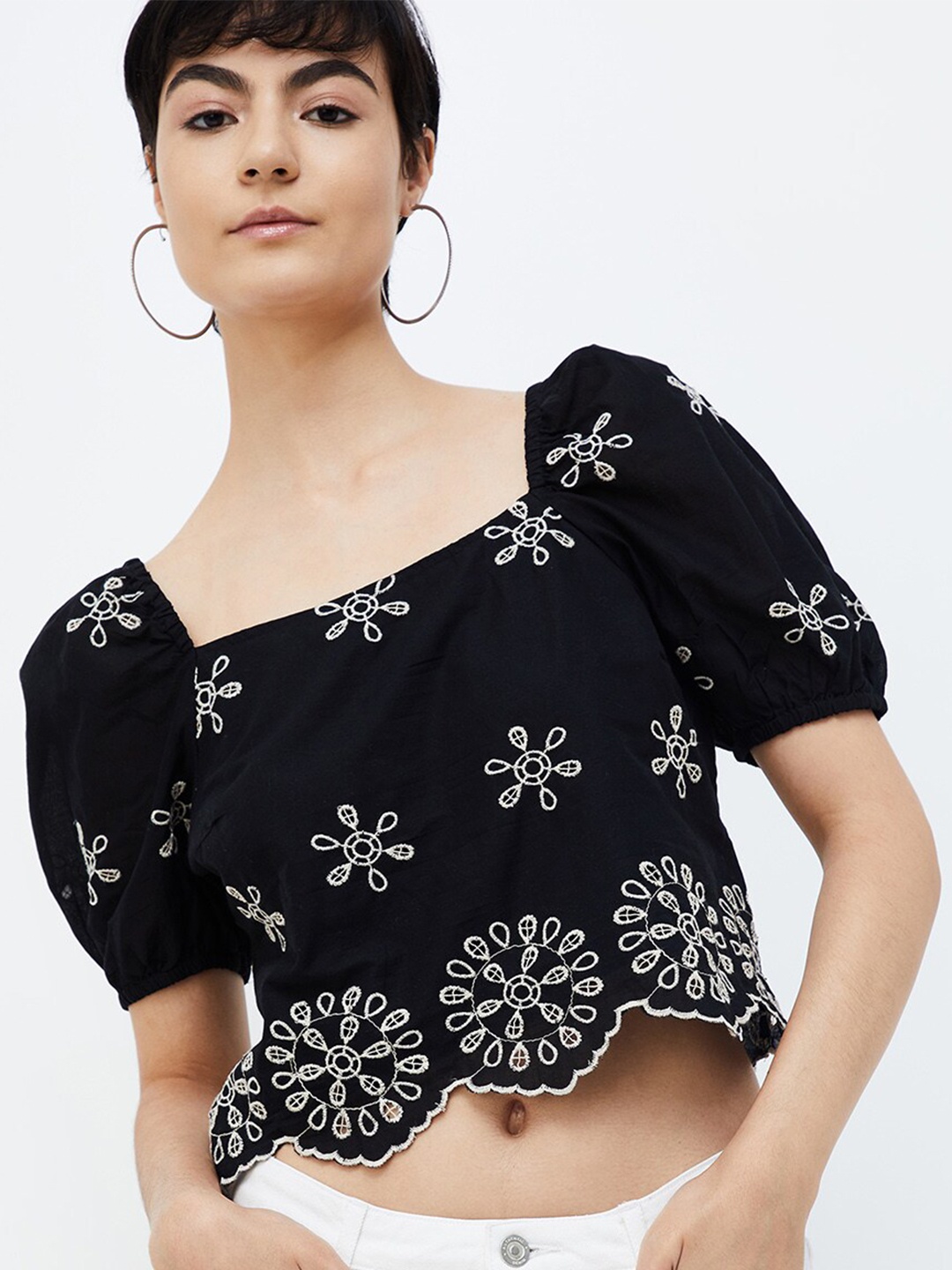 

Ginger by Lifestyle Floral Embroidered Pure Cotton Crop Top, Black