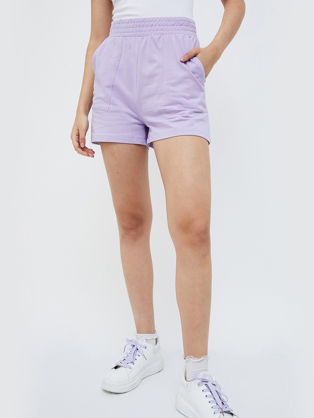 Ginger by Lifestyle Women Mid-Rise Pure Cotton Shorts, Purple