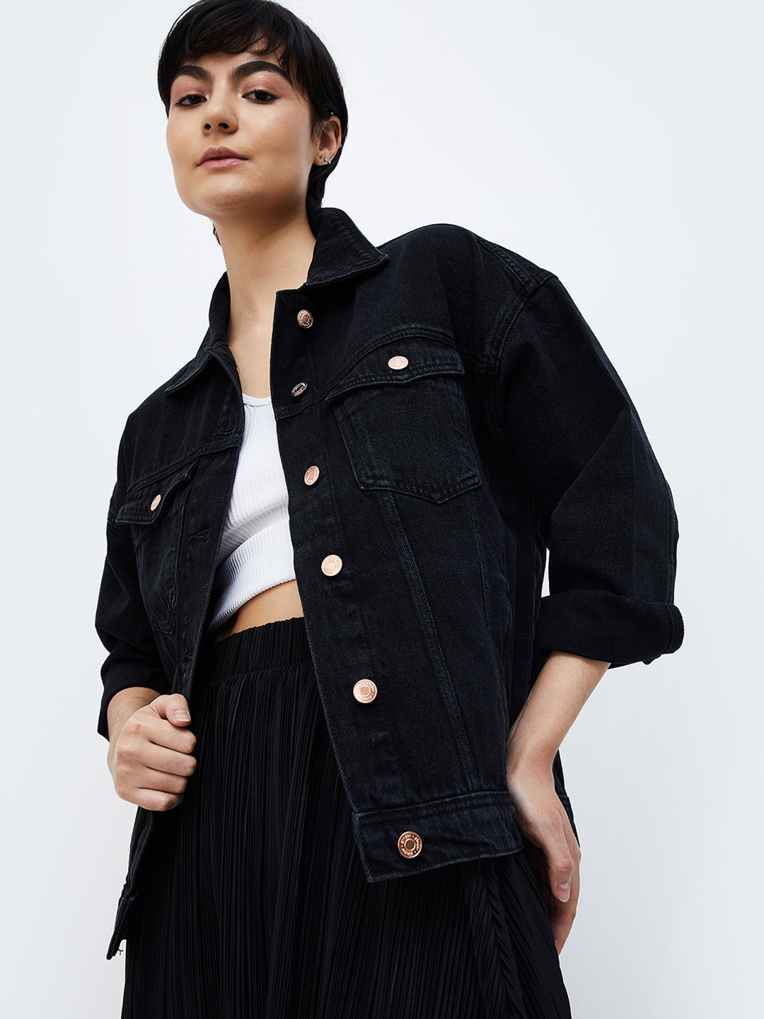 

Ginger by Lifestyle Spread Collar Pure Cotton Denim Jacket, Black