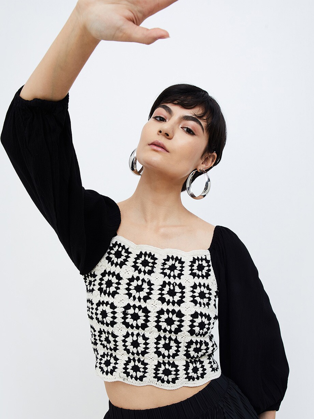 

Ginger by Lifestyle Self Design Puff Sleeve Pure Cotton Top, Black