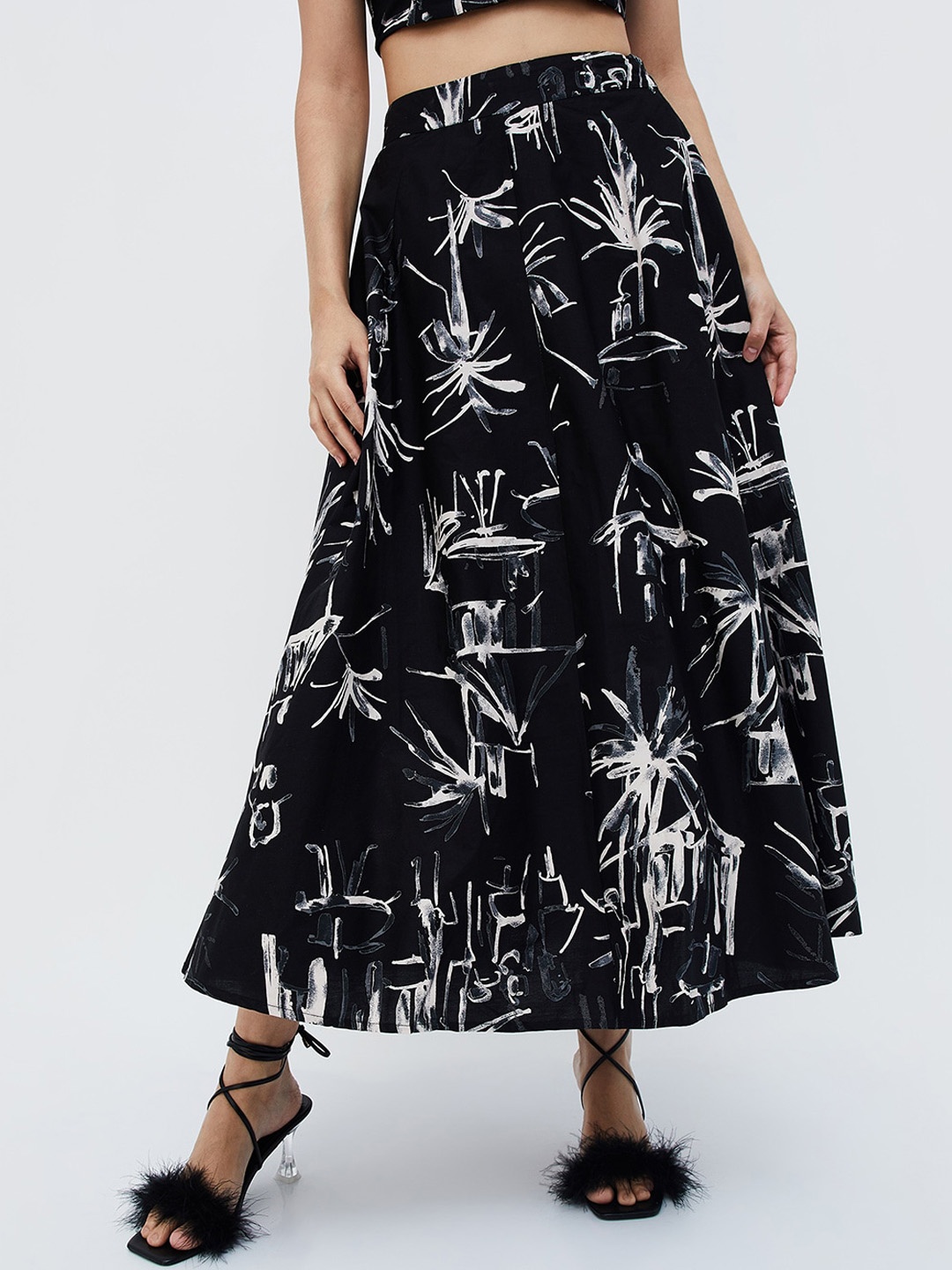 

Ginger by Lifestyle Abstract Printed Pure Cotton Flared Midi Skirts, Black