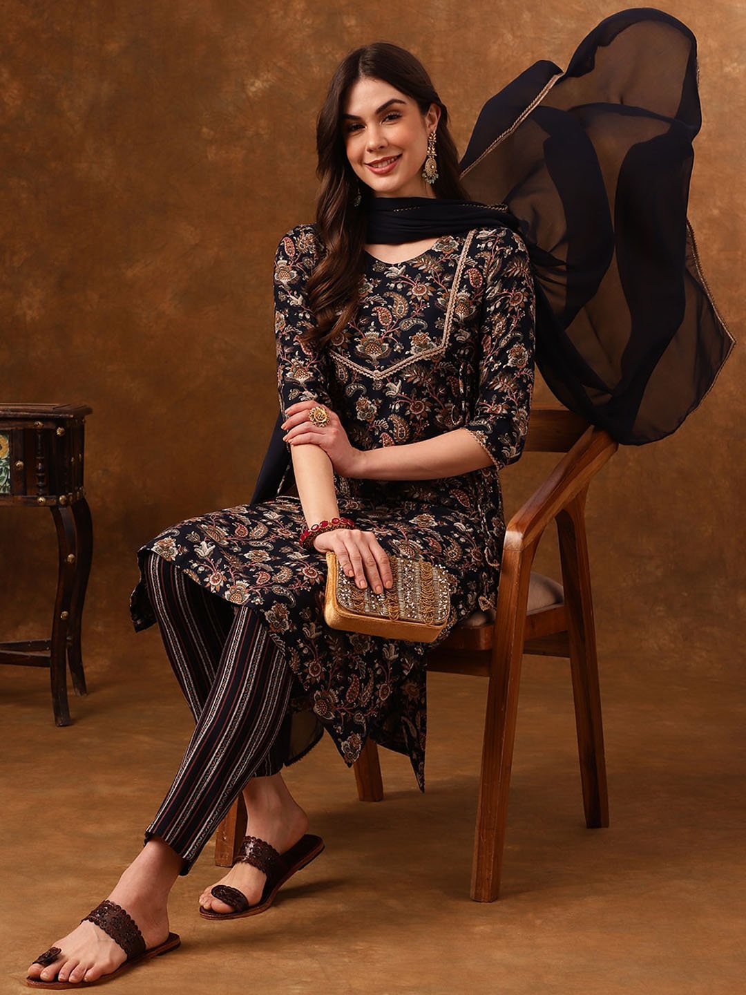 

Anouk Navy Blue Paisley Printed Regular Gotta Patti Kurta With Trousers & Dupatta