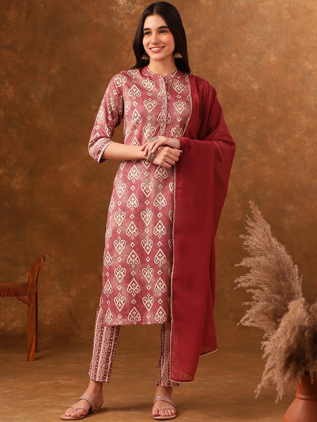 

Anouk Pink Ethnic Motifs Printed Regular Gotta Patti Kurta With Trousers & Dupatta