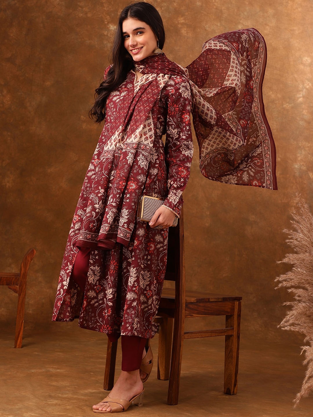 

Anouk Maroon Floral Printed Anarkali Pure Cotton Kurta With Trousers & Dupatta