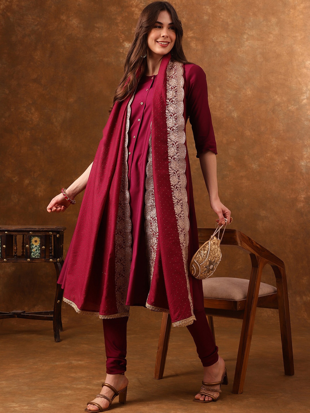 

Anouk Fuchsia Round Neck Anarkali Thread Work Kurta With Churidar & Dupatta