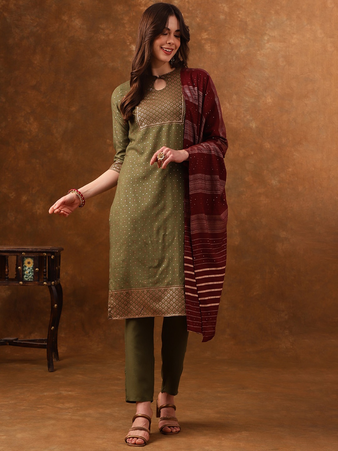 

Anouk Olive Green Ethnic Motifs Printed Regular Gotta Patti Kurta With Trousers & Dupatta