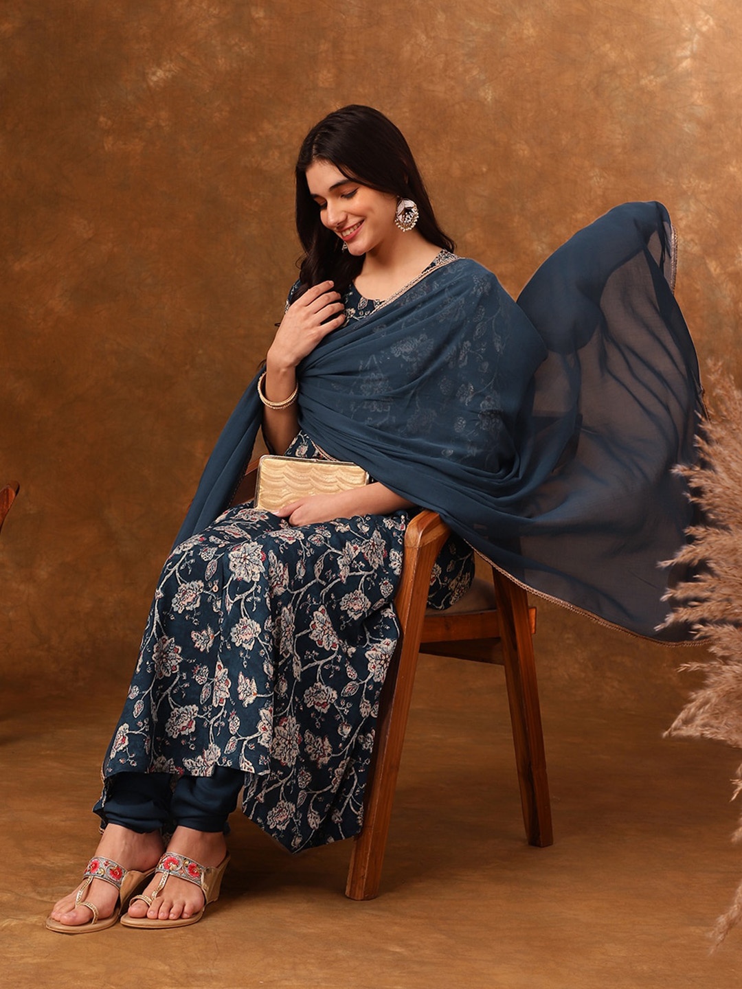 

Anouk Teal Blue Floral Printed Regular Gotta Patti Kurta With Churidar & Dupatta