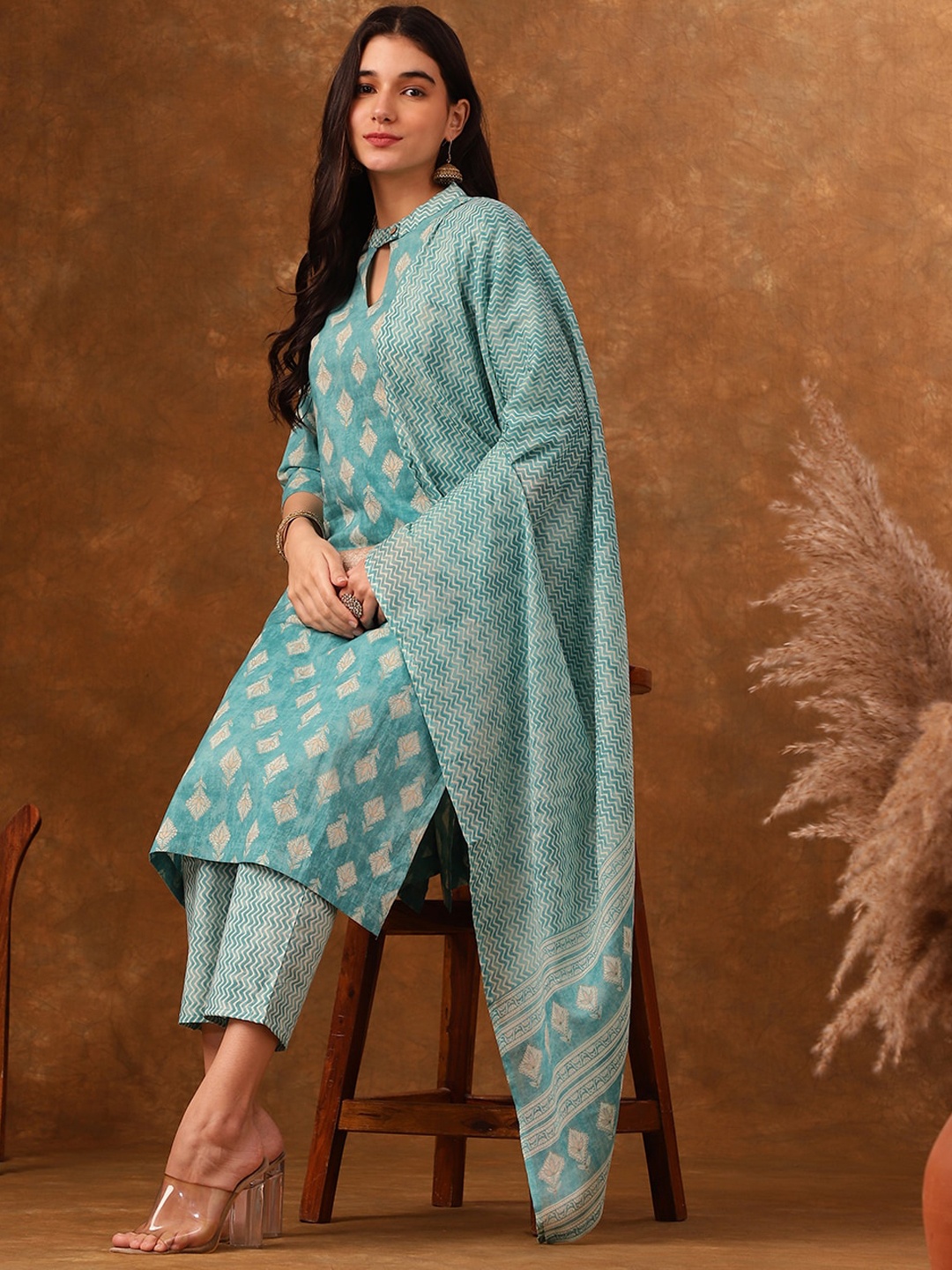 

Anouk Grey Ethnic Motifs Printed Regular Pure Cotton Kurta With Trousers & Dupatta