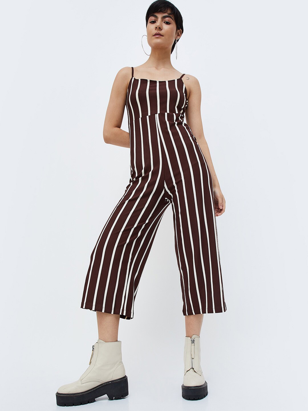 

Ginger by Lifestyle Striped Shoulder Straps Basic Jumpsuit, Brown