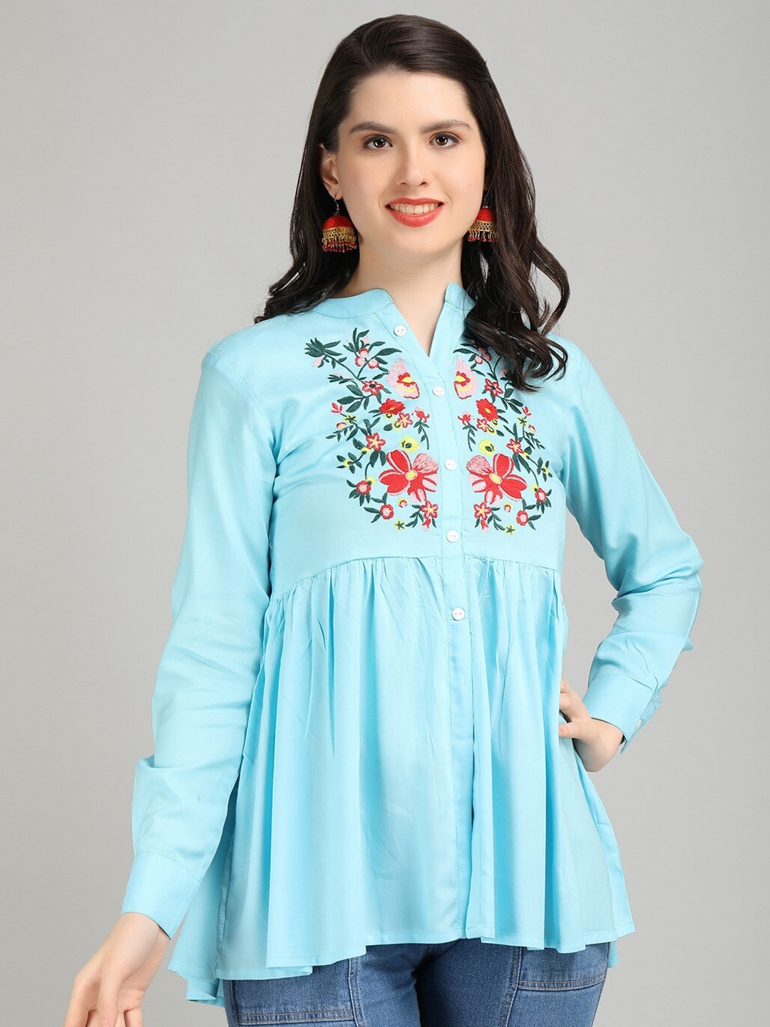 

JAIPURFAME Floral Printed Mandarin Collar Top, Turquoise blue