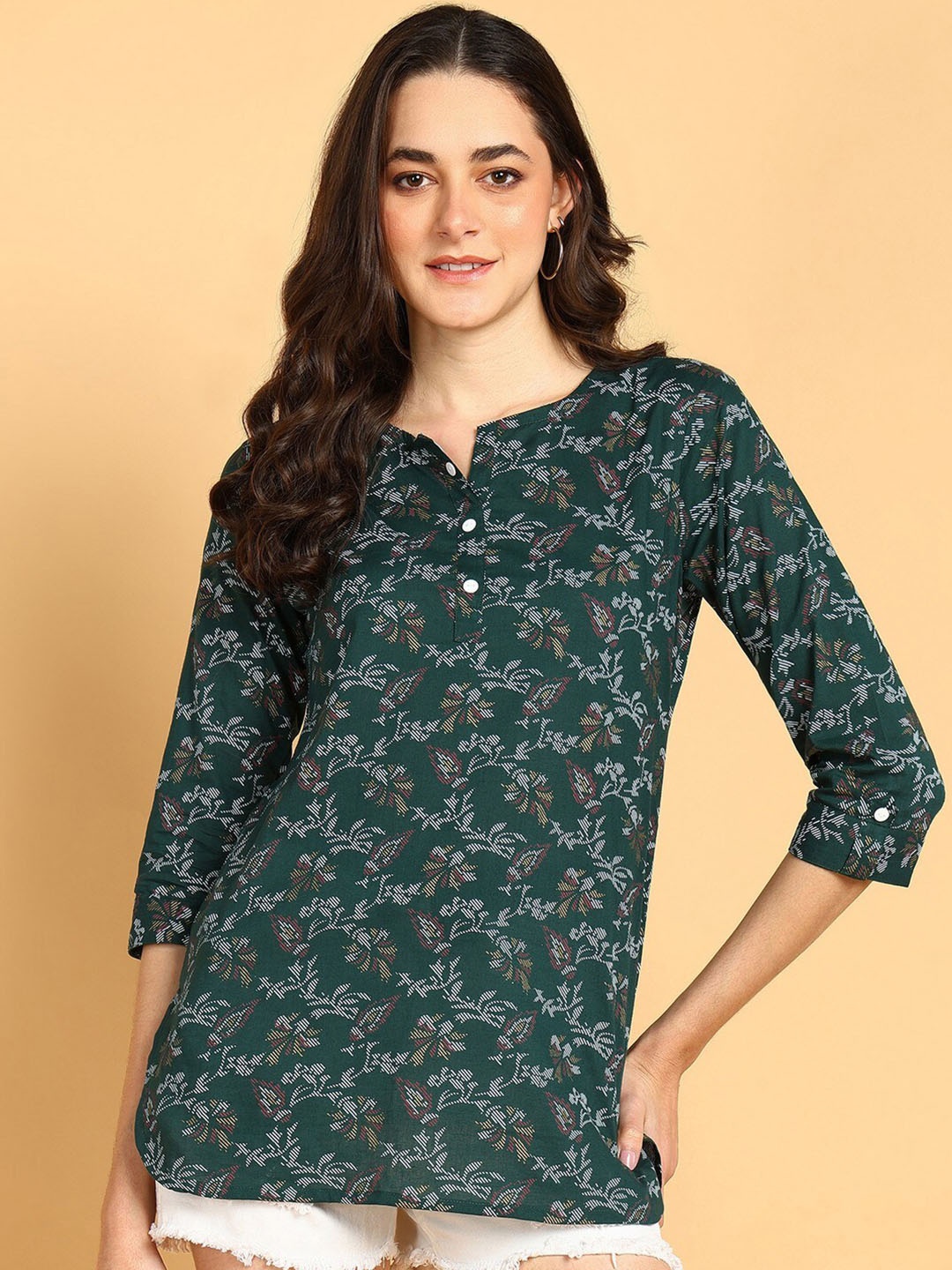 

JAIPURFAME Floral Printed Cotton Regular Top, Green