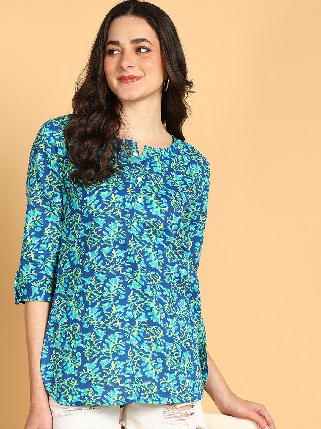 

JAIPURFAME Floral Printed Cotton Top, Turquoise blue