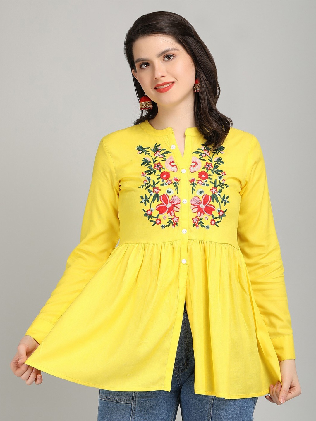 

JAIPURFAME Floral Embroidery Mandarin Collar Top, Yellow