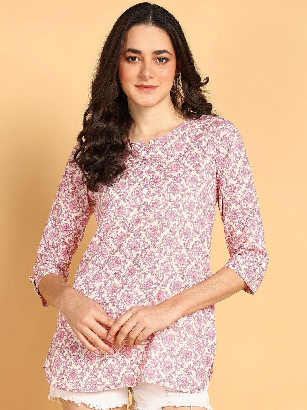 

JAIPURFAME Floral Printed Cotton Top, Peach