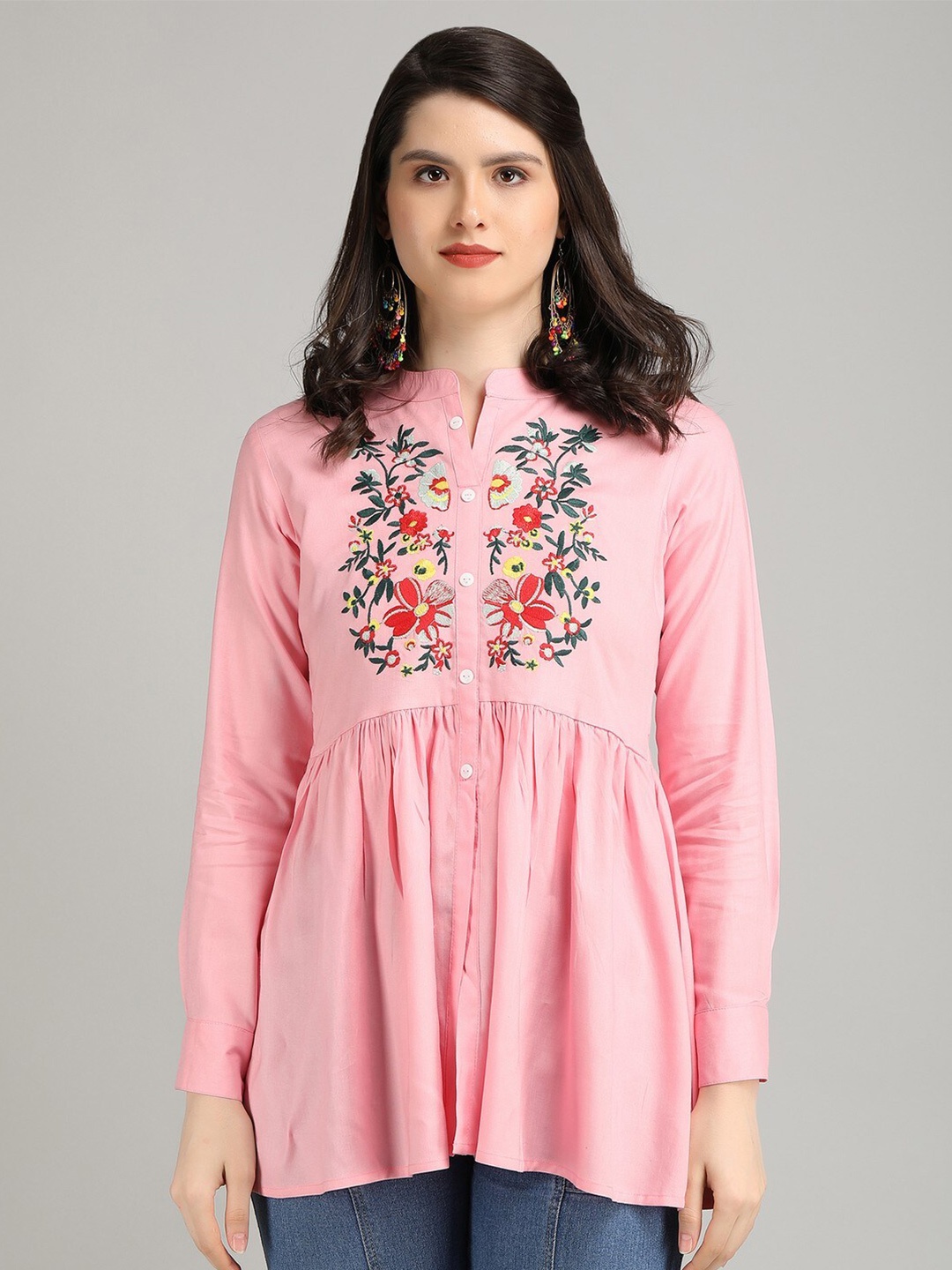 

JAIPURFAME Floral Printed Mandarin Collar Shirt Style Top, Pink