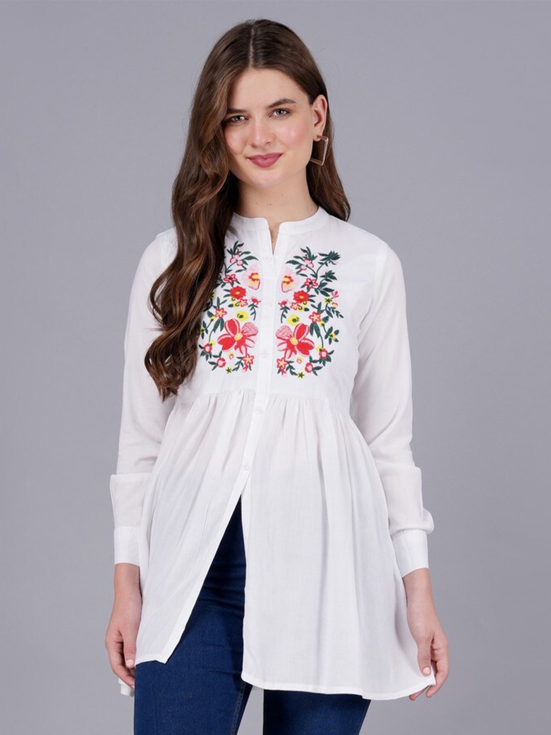 

JAIPURFAME Floral Printed Mandarin Collar Top, White