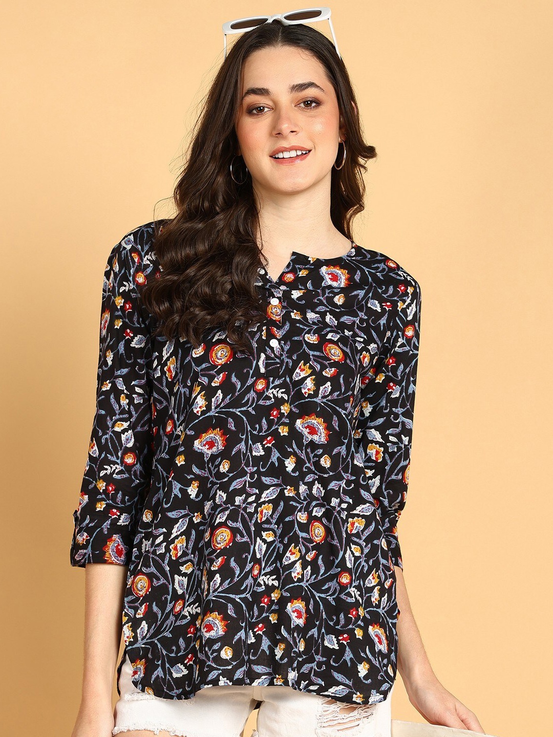 

JAIPURFAME Floral Printed Cotton Top, Black