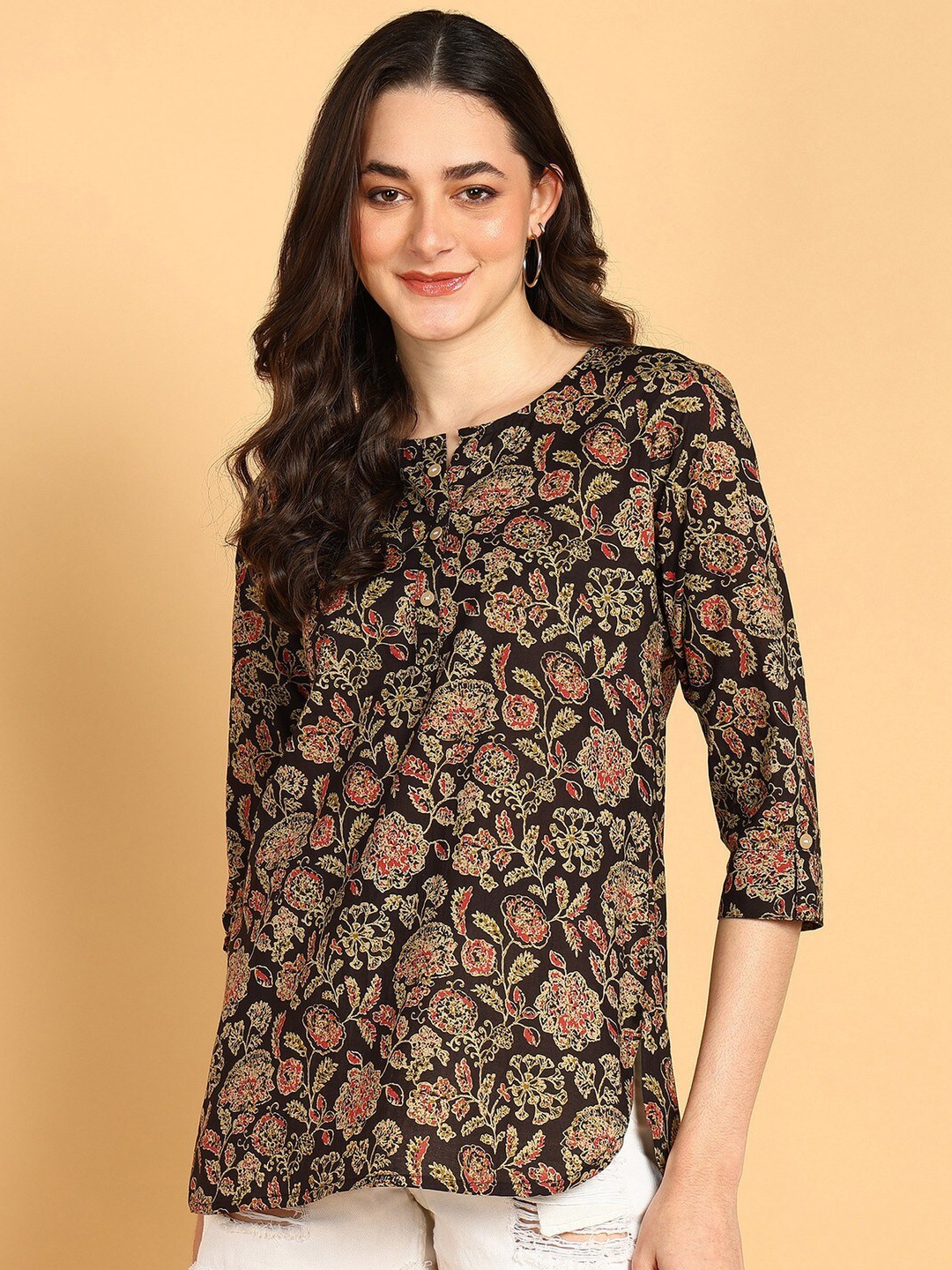 

JAIPURFAME Floral Print Round Neck Cotton Top, Black