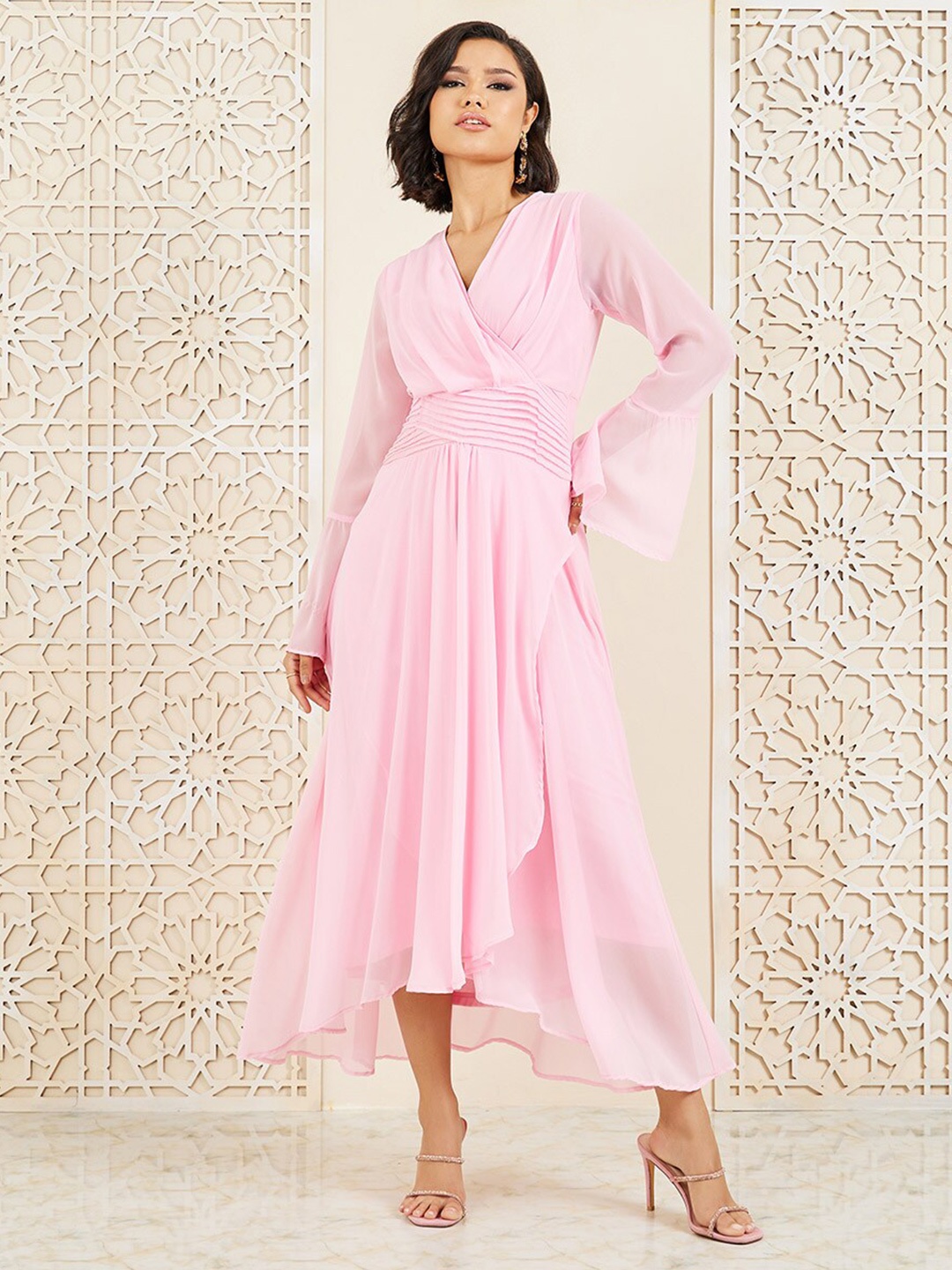 

Styli V-Neck Bell Sleeves Pleated Detail Maxi Wrap Dress, Pink