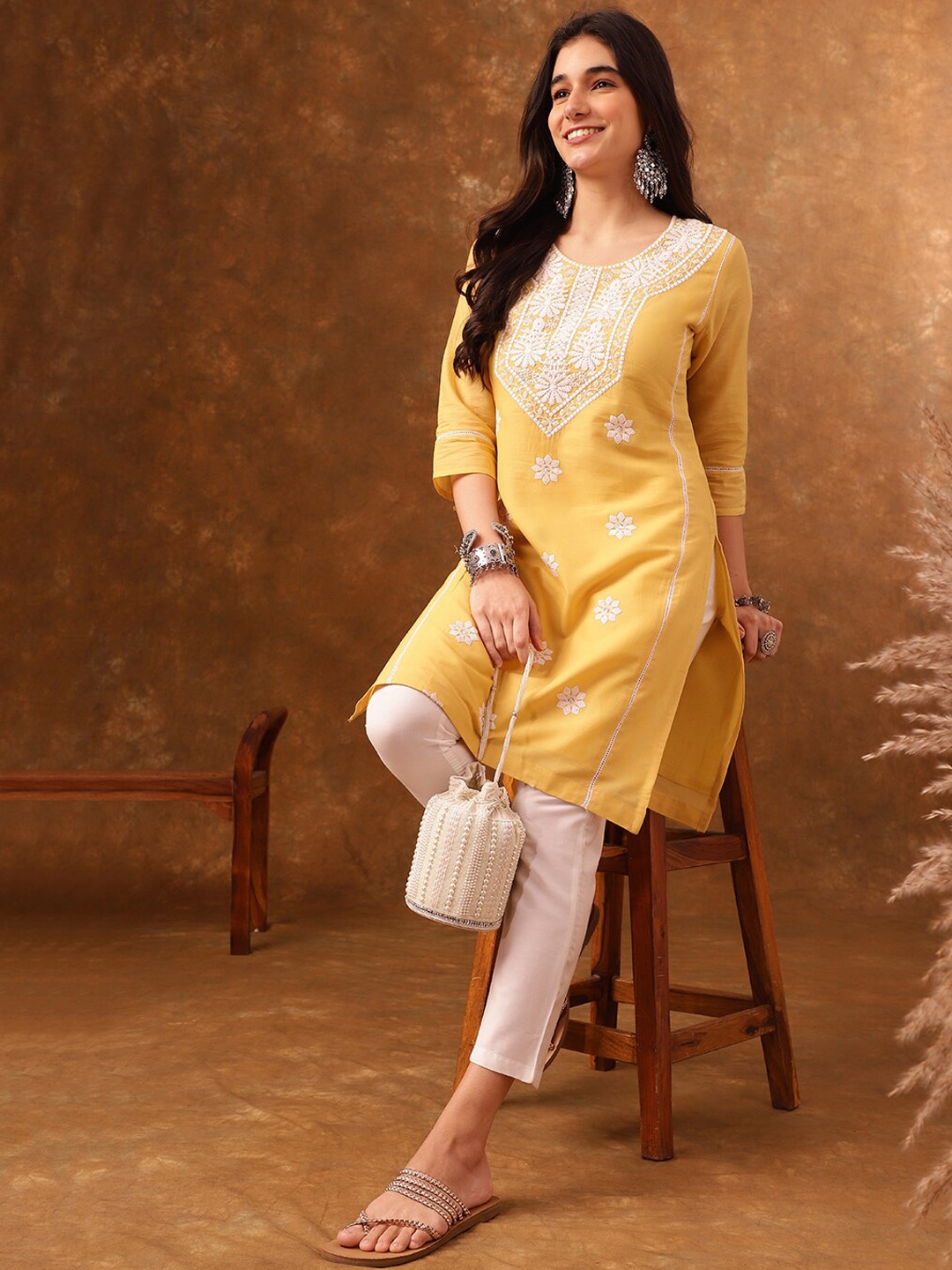 

Anouk Yellow Ethnic Motifs Embroidered Pure Cotton Straight Kurta