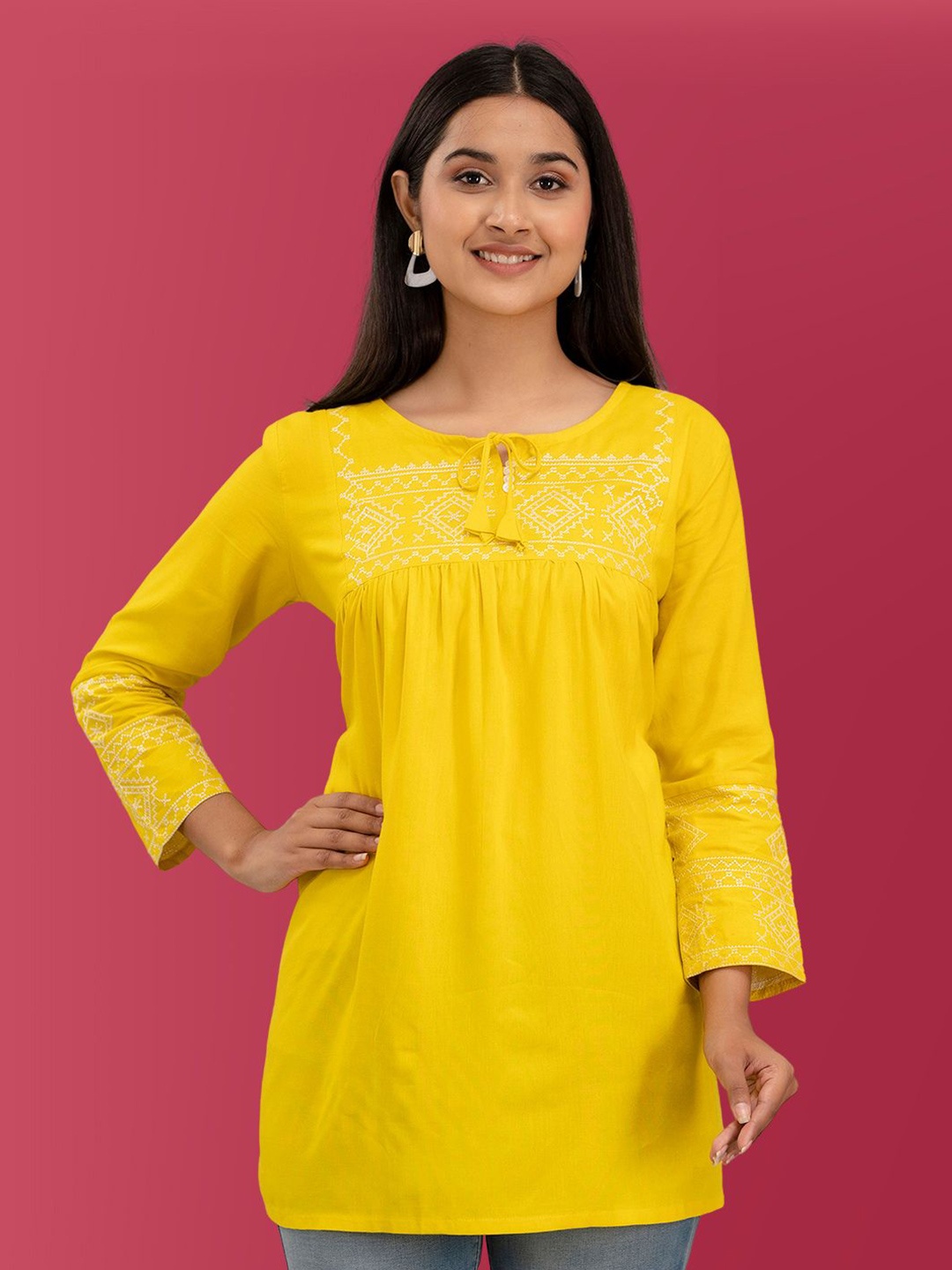 

FERANOID Ethnic Motifs Embroidered Tie-Up Neck Thread Work Pure Cotton A-Line Kurti, Yellow