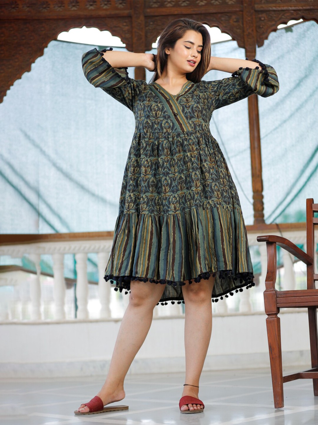 

KALINI Floral Printed V-Neck Bell Sleeves Tiered & Pom-Pom Detail Fit and Flare Dress, Green