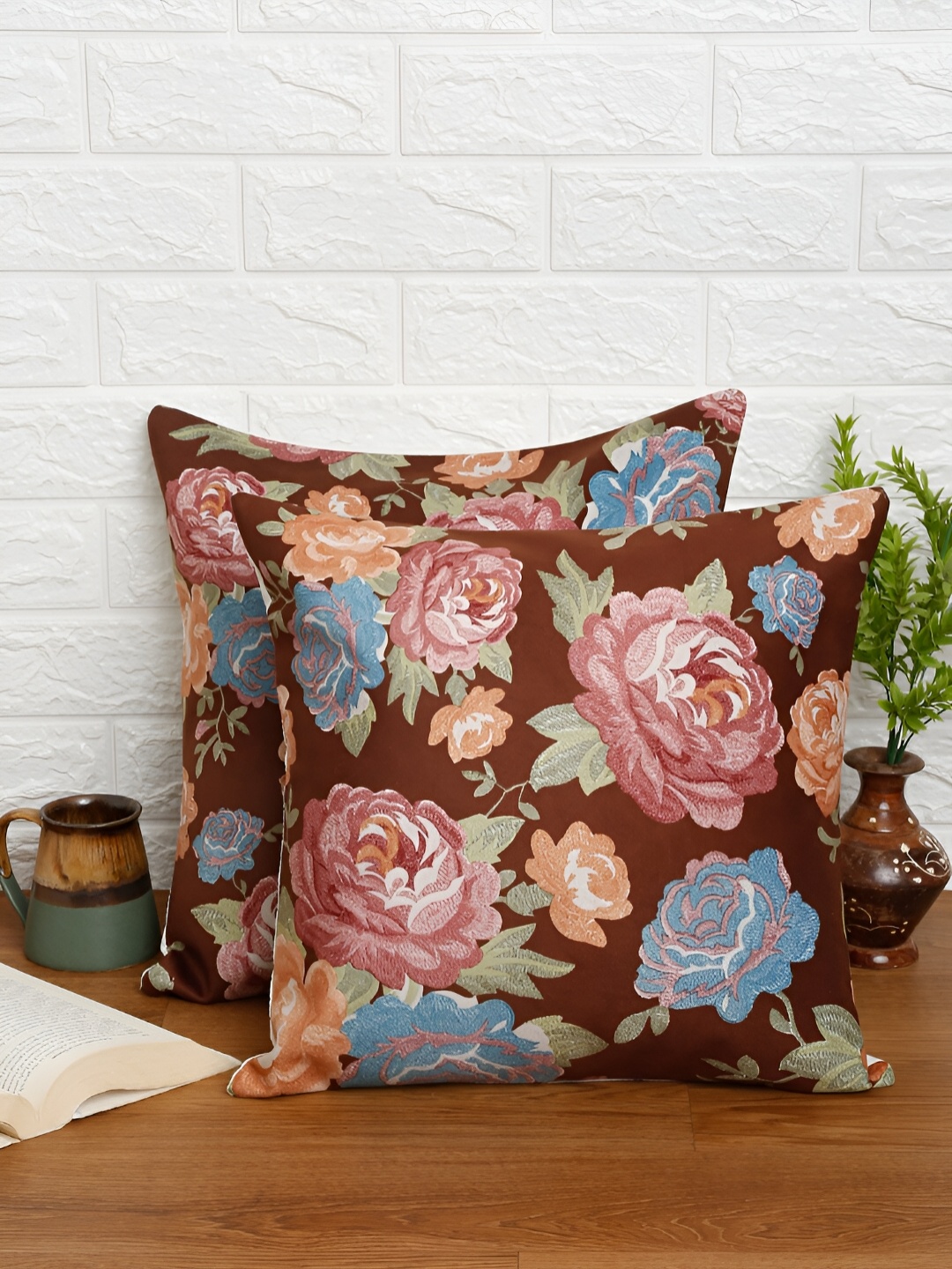 

Aura Brown & Red 2 Pieces Floral Embroidered Velvet Square Cushion Covers