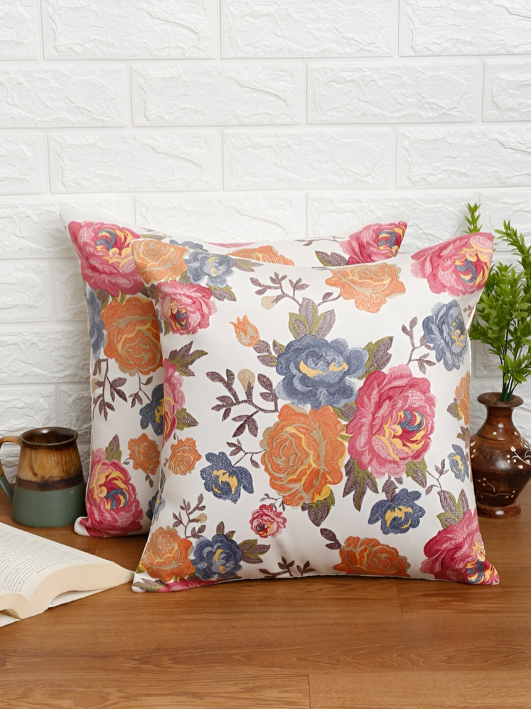 

Aura White & Pink 2 Pieces Floral Embroidered Velvet Square Cushion Covers