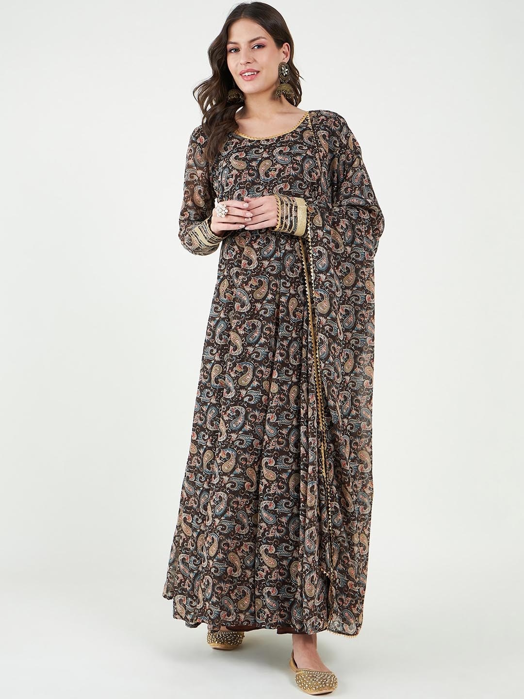 

Bitterlime Paisley Printed Gotta Patti Anarkali Kurta with Dupatta, Brown