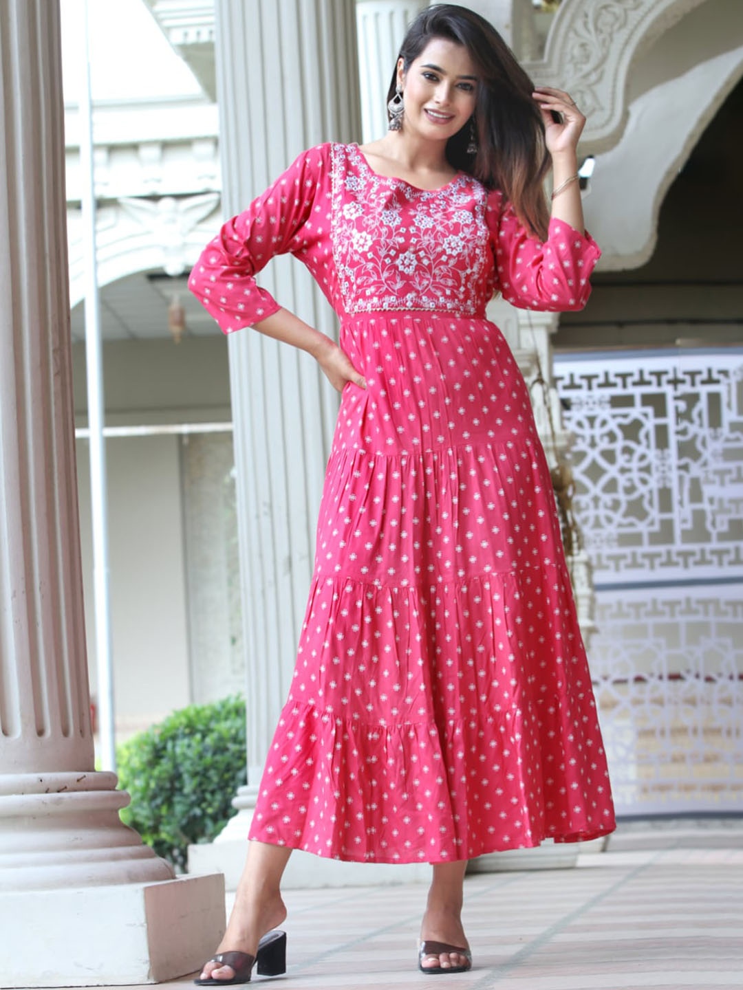

KALINI Printed Fit & Flared Ethnic Dress, Pink