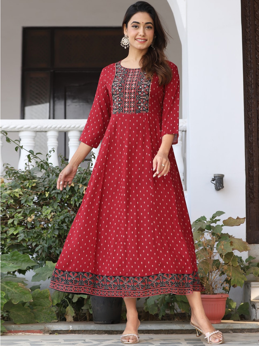 

KALINI Ethnic Motifs Printed Mirror Work Fit & Flare Maxi Ethnic Dress, Red