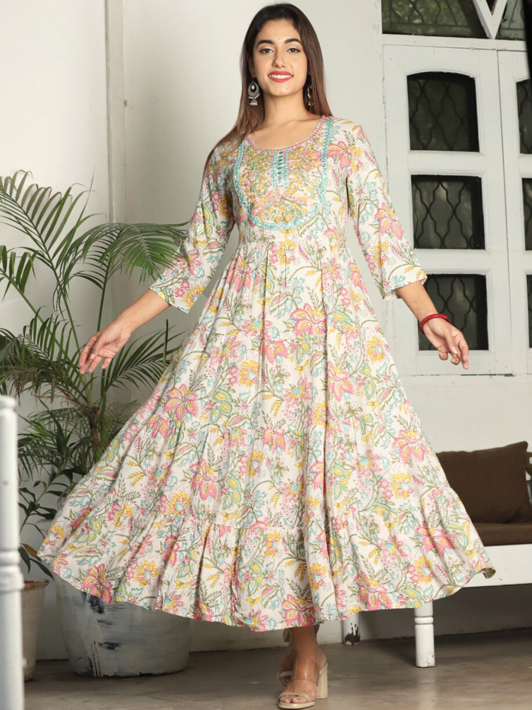 

KALINI Printed Flared Maxi Dress, Cream