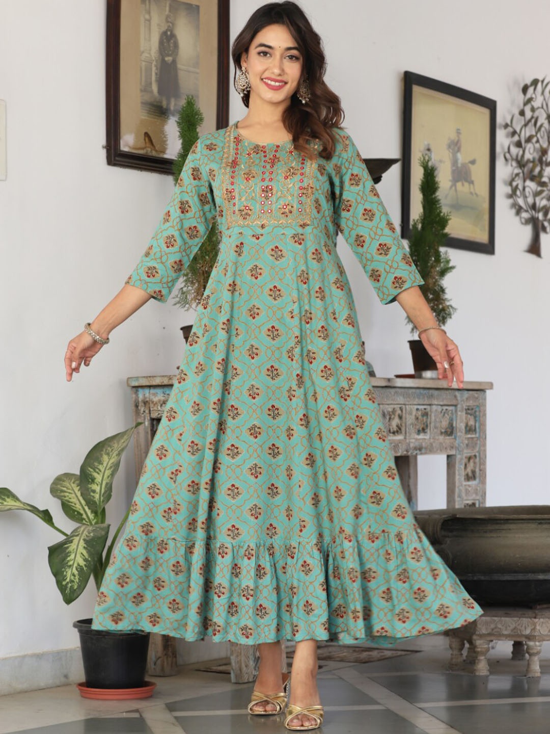 

KALINI Printed Fit & Flared Maxi Dress, Green