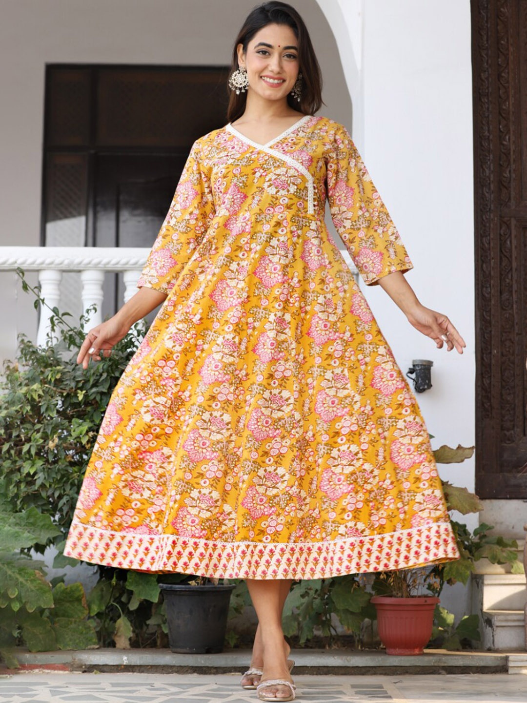 

KALINI Printed Fit & Flared Maxi Ethnic Dresses, Mustard