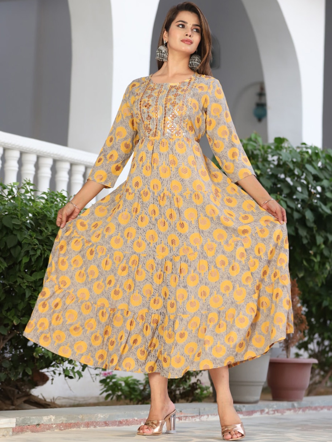 

KALINI Printed Fit & Flare Maxi Dress, Yellow