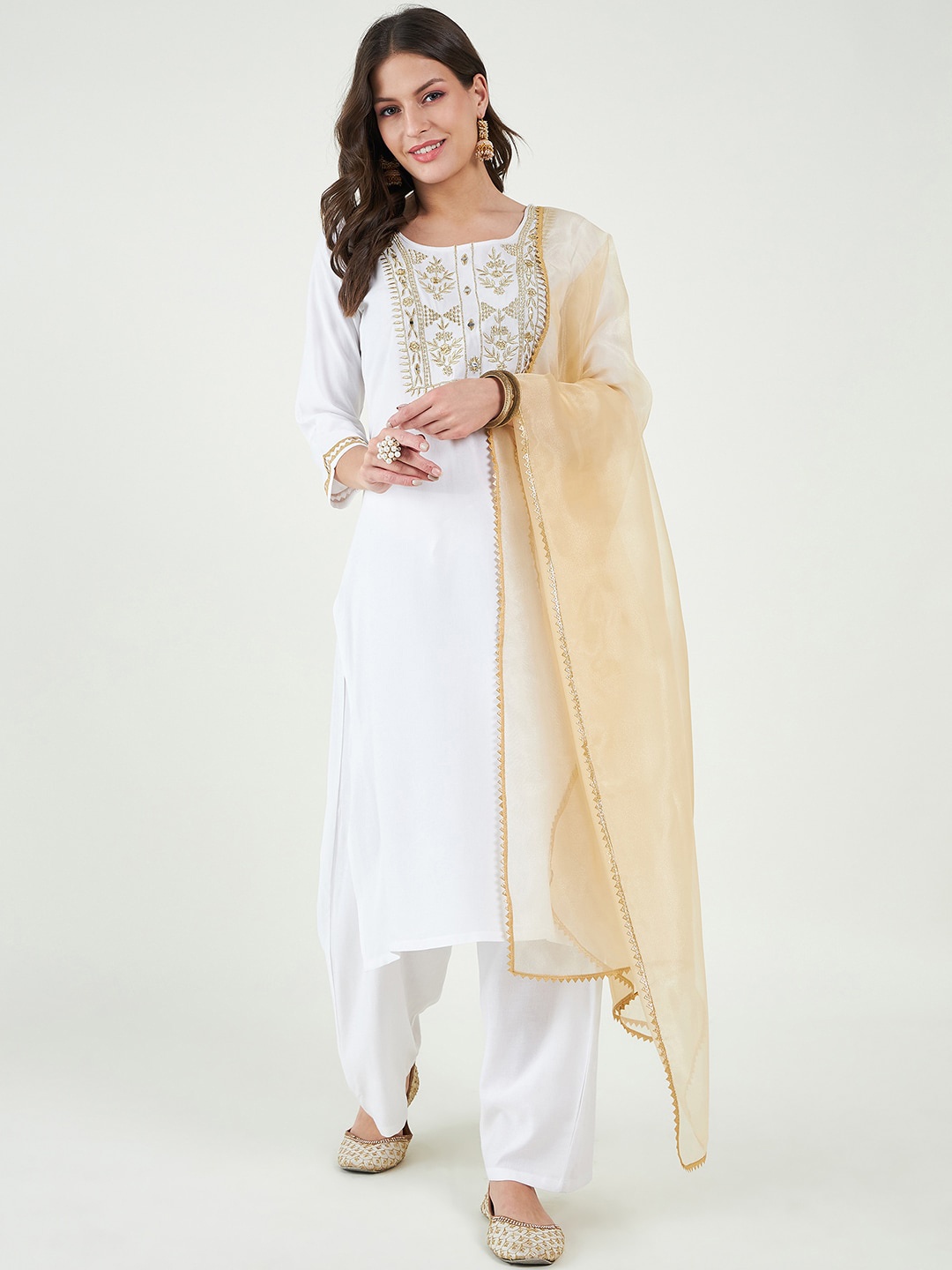 

Bitterlime Ethnic Motifs Embroidered Mirror Work Kurta With Trouser & With Dupatta, White
