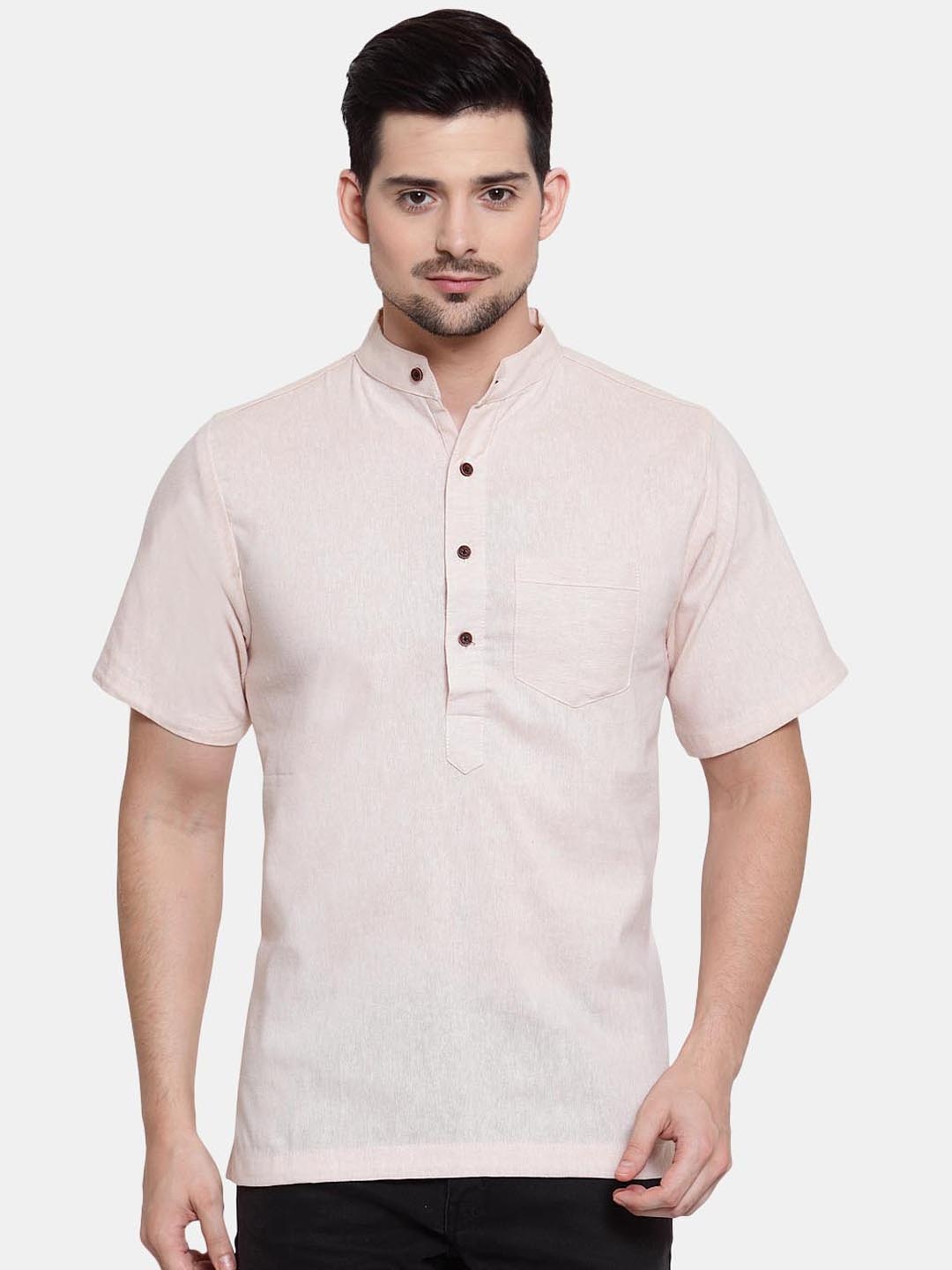 

Enchanted Drapes Band Collar Short Sleeves Pure Cotton Short Kurta, Cream