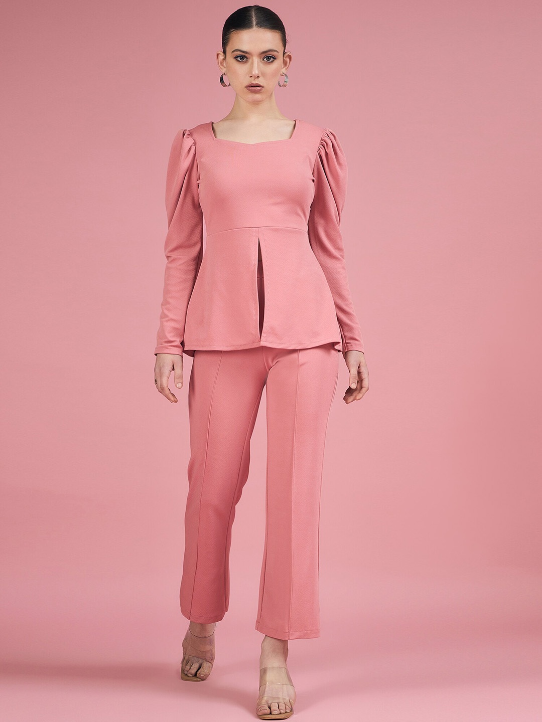 

DressBerry Peach-Coloured Square Neck Top With Trousers Co-Ords
