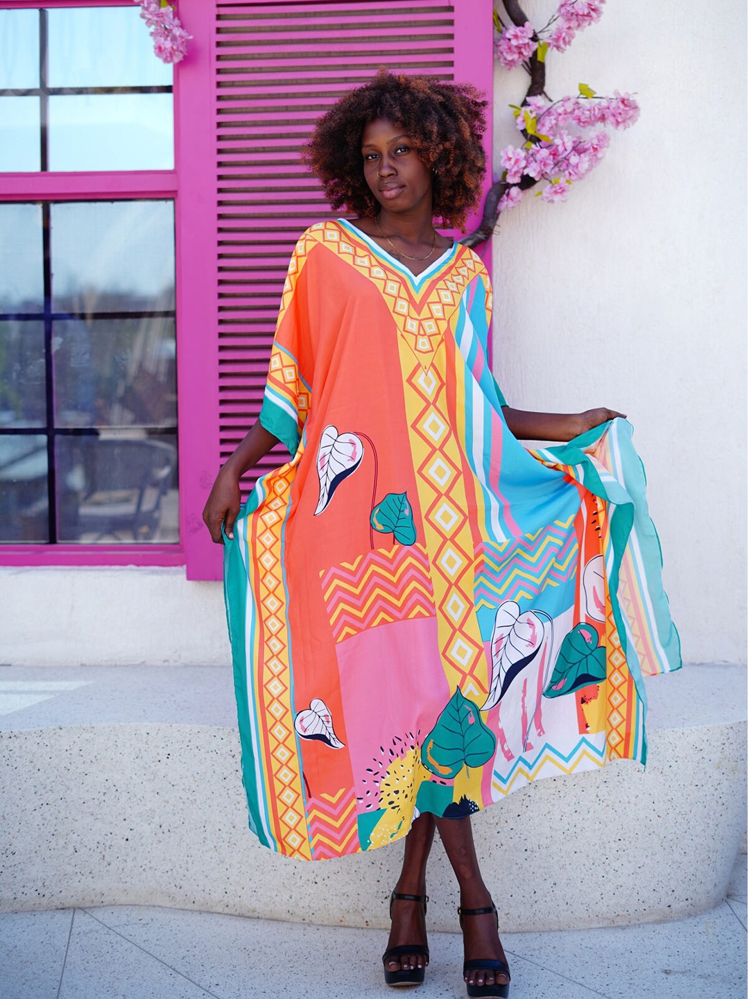 

Rajoria Instyle Abstract Printed Kimono Sleeve Crepe Midi Kaftan Dress, Orange